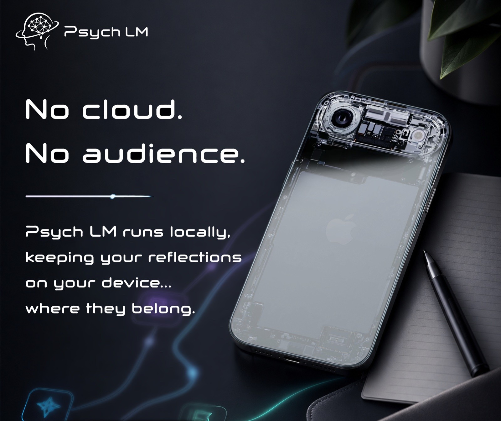 Psych LM privacy marketing image reading no cloud, no audience.